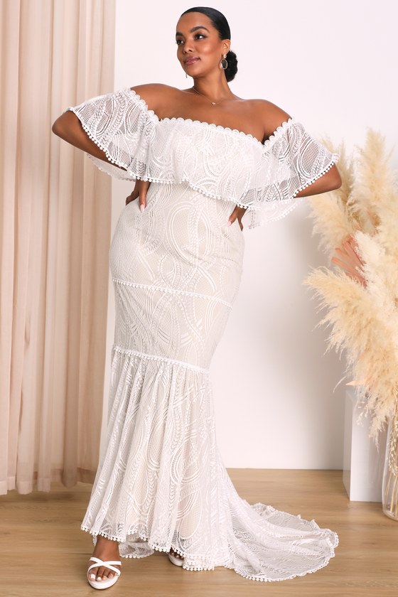 In My Life White Lace Off-the-Shoulder Mermaid Maxi Dress 11
