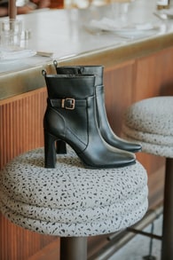 Audreyy Black Square Toe Buckle High Heel Ankle Boots