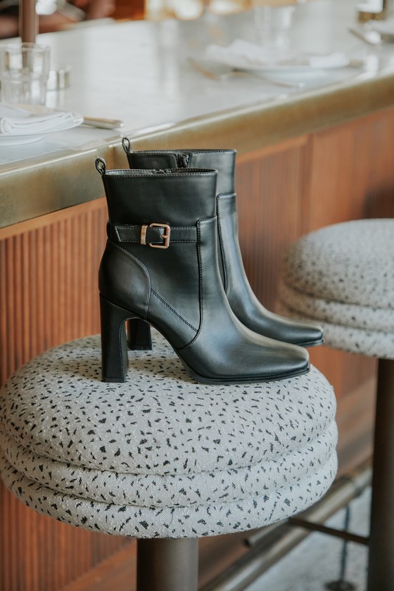 Audreyy Black Square Toe Buckle High Heel Ankle Boots 7