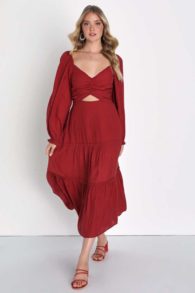 Seasonal Serenity Rust Red Cutout Long Sleeve Tiered Midi Dress