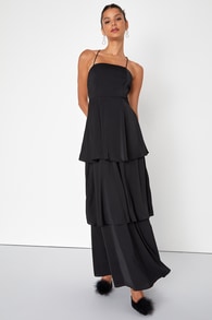 Enchantingly Lovely Black Tiered Lace-Up Maxi Dress