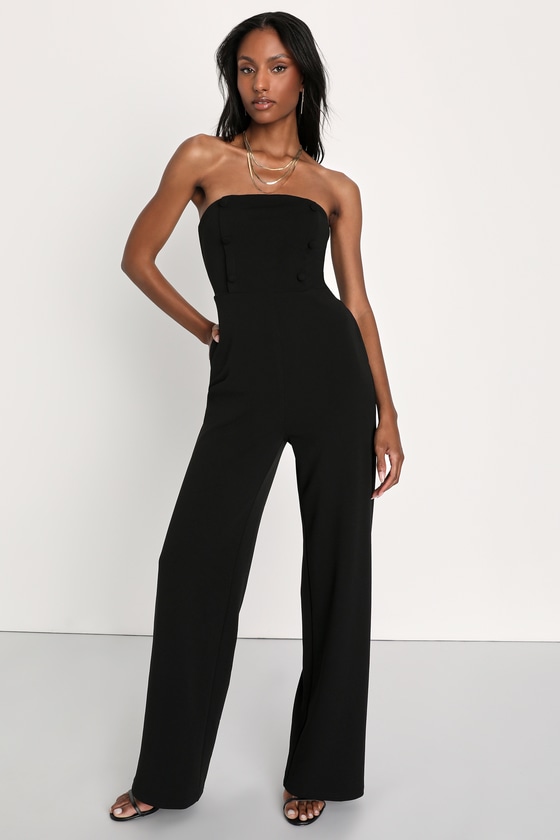 Sexy Black Jumpsuit - Strapless Jumpsuit - Button-Front Jumpsuit - Lulus