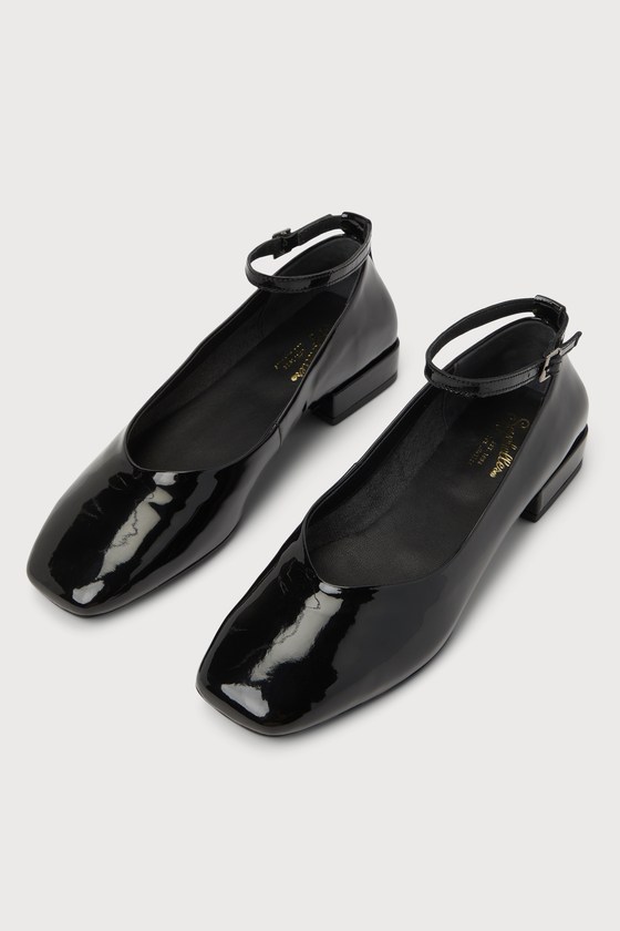 SEYCHELLES PUMPKIN BLACK PATENT LEATHER ANKLE-STRAP SQUARE TOE BALLET FLATS