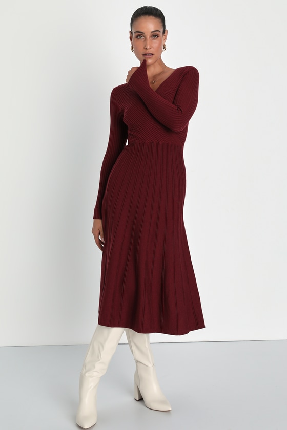 Cozy Inspiration Burgundy Ribbed Skater Midi Sweater Dress 1