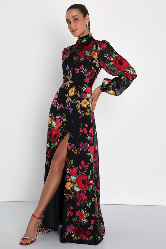 Black Floral Burnout Dress - Chiffon Backless Dress - Maxi Dress - Lulus