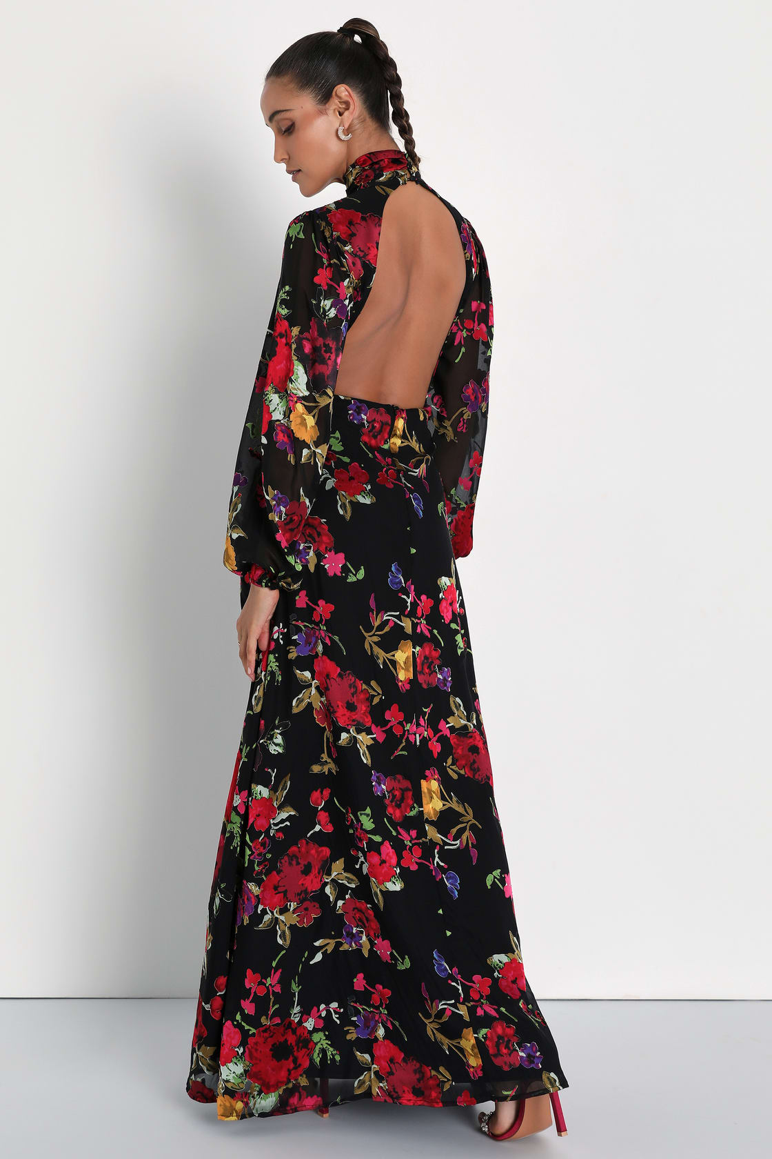 Graceful Arrival Black Floral Burnout Backless Maxi Dress