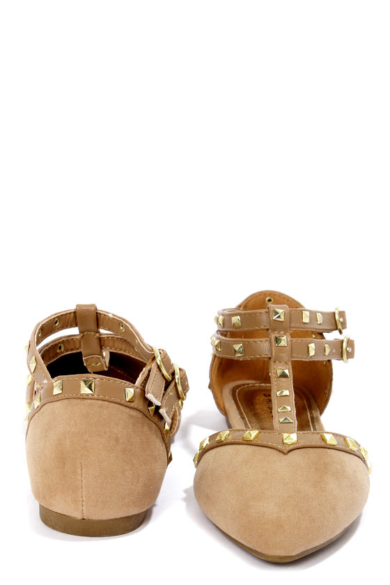 Bamboo Waranda 11 Natural Studded T-Strap Pointed Flats - $28.00