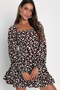 Coy Charm Brown Floral Print Long Sleeve Mini Dress 1