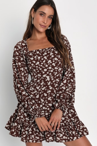 Coy Charm Brown Floral Print Long Sleeve Mini Dress 1