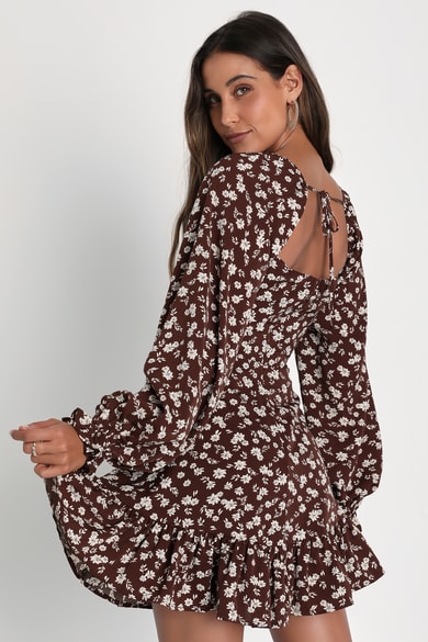 blue dress brown heels Mocha Brown Lace Balloon Sleeve Long Dress – Vintage Fairytale Style Brown / M main image 1