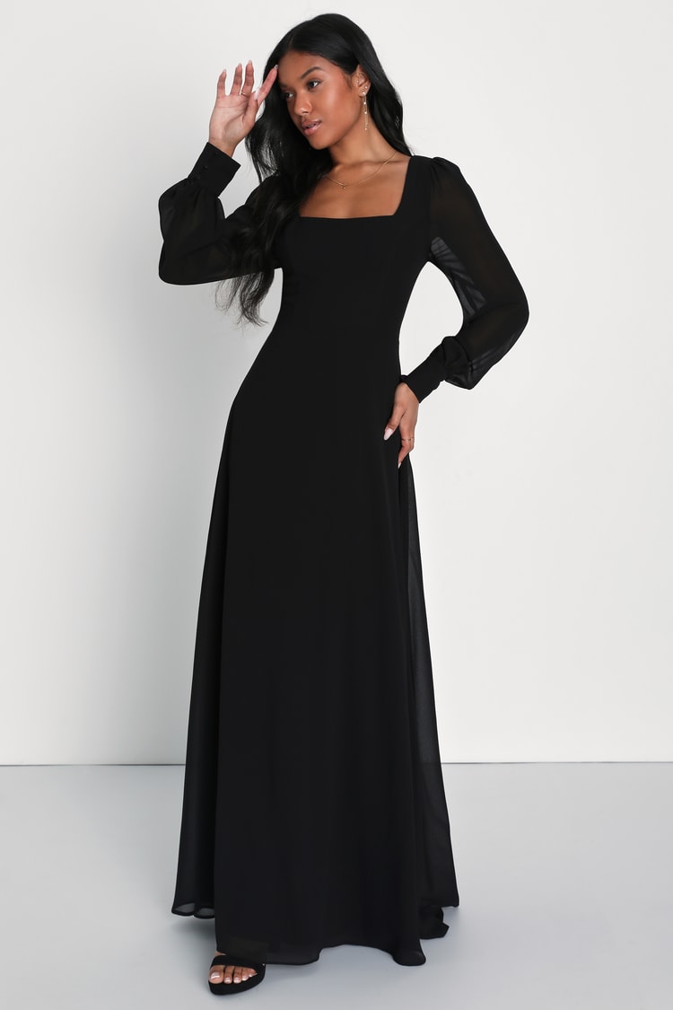 Stunning Behavior Black Square Neck Long Sleeve Maxi Dress