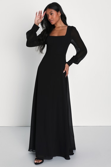 Black Maxi Dress Square Neck Maxi Dress Balloon Sleeve Dress