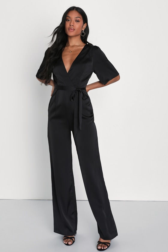 Black Satin Jumpsuit - Short Sleeve Jumpsuit - Wide-Leg Jumpsuit - Lulus