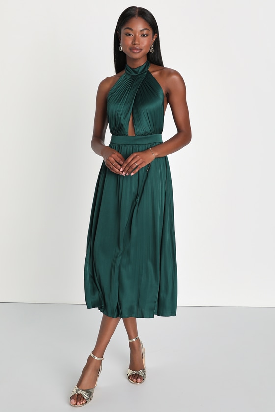 Totally Charming Emerald Green Satin Pleated Halter Midi Dress