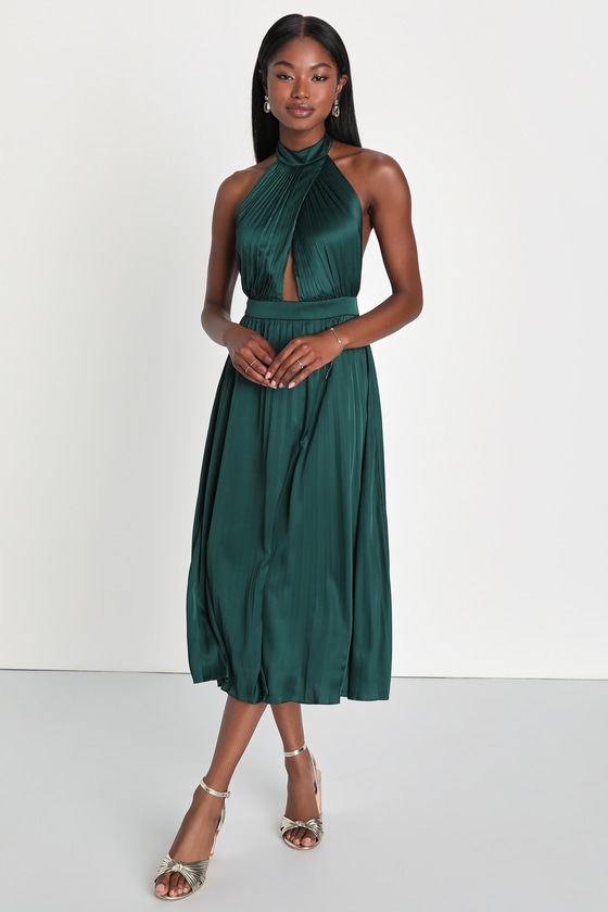 Emerald Dress - Pleated Satin Midi Dress - Halter Midi Dress - Lulus