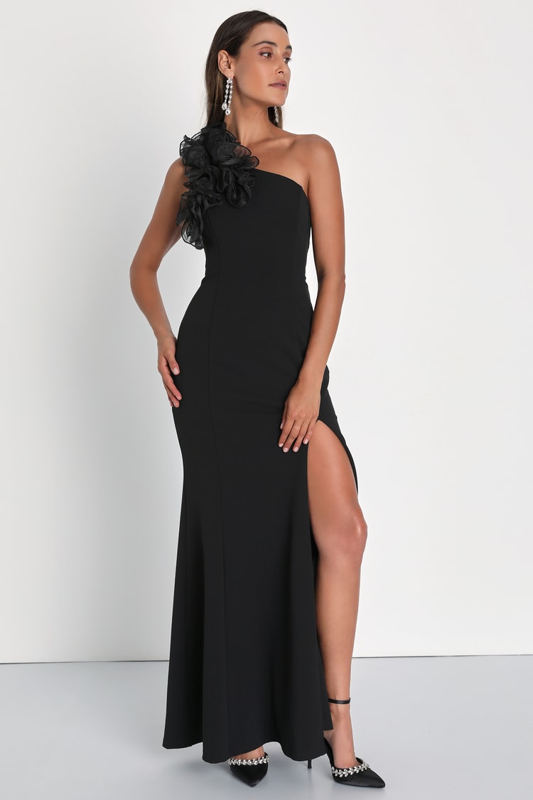 open lace back dress Ruffle Maxi Dress in Black | One Shoulder Cotton Maxi Dress main image 1