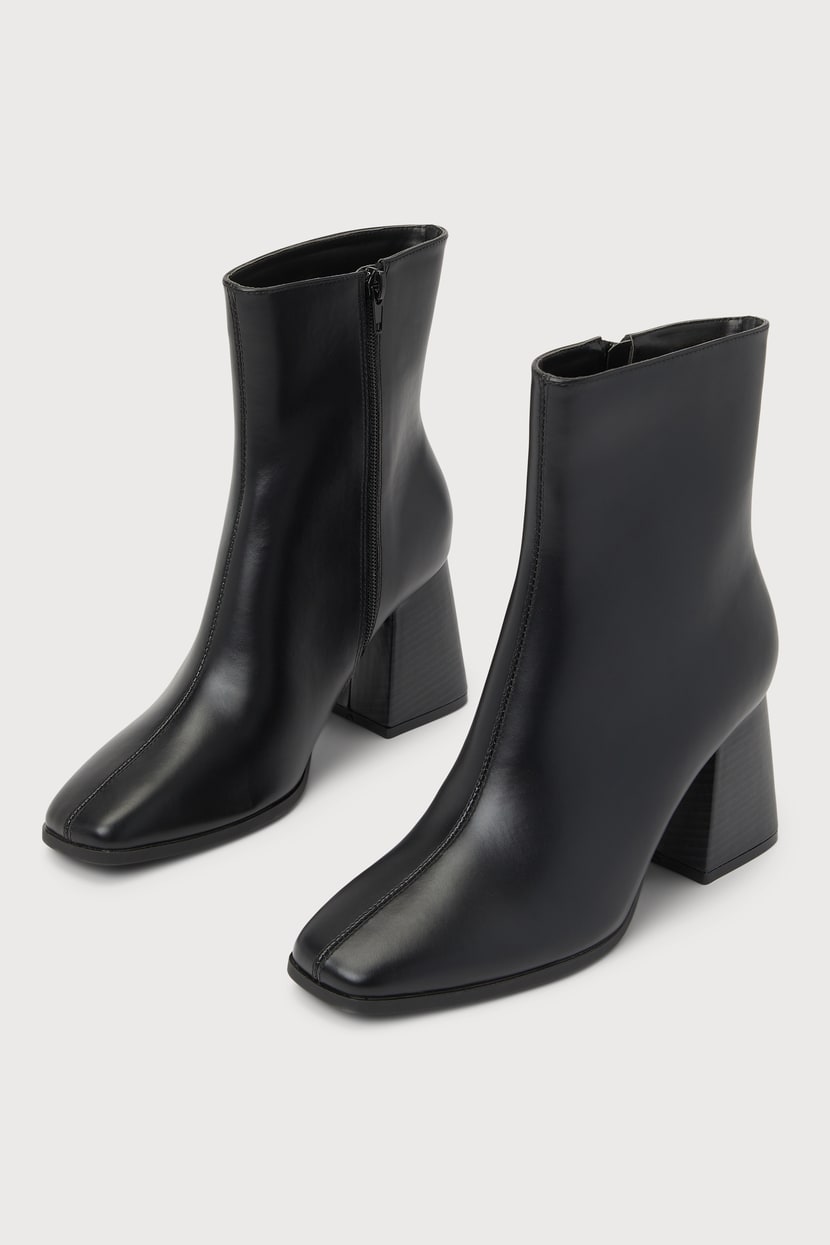 Black Square Toe Boots - Black Mid-Calf Boots - High Heel Boots 