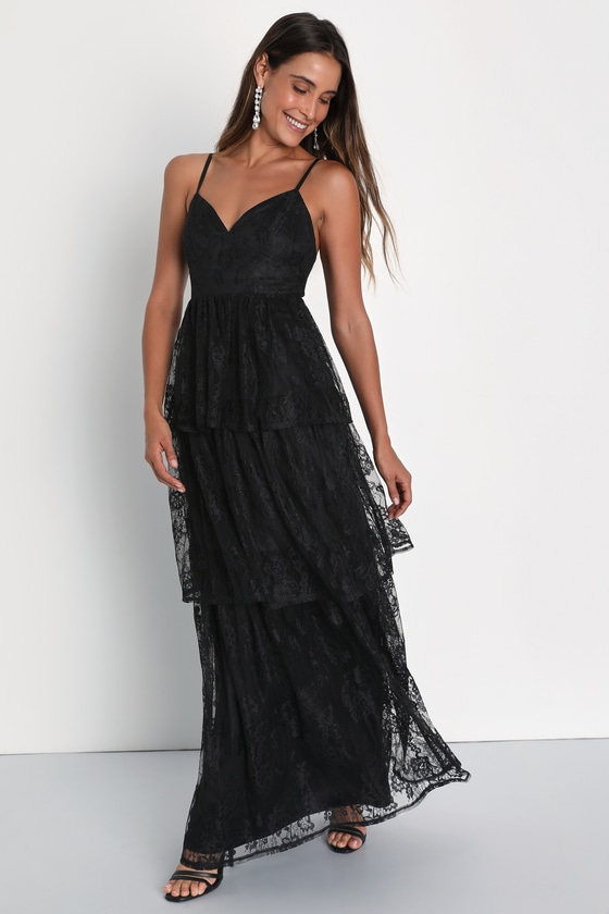 Lulus Tier I Go Black Lace V-neck Sleeveless Tiered Maxi Dress