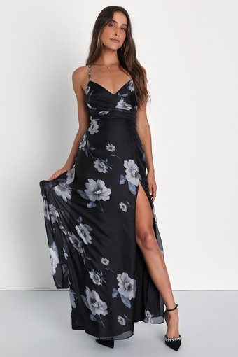 Alluring Blossoms Black Floral Surplice Backless Maxi Dress