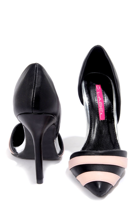 C Label Luxe 13 Black and Pink Striped Pointed Pumps
