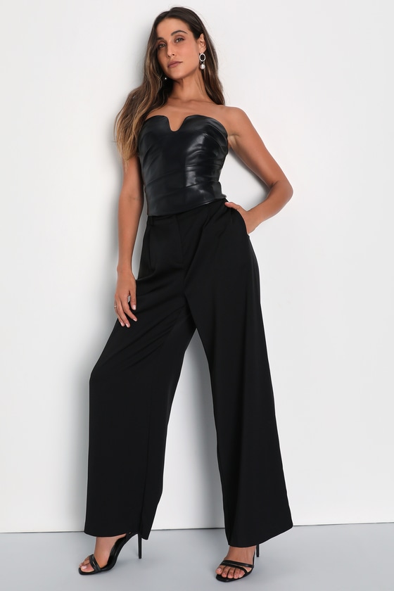 Black Crop Top - Strapless Top - Vegan Leather Top - Notched Top - Lulus