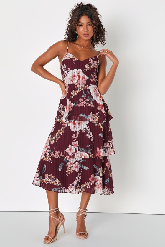 Burgundy - Floral Linen Midi Dress