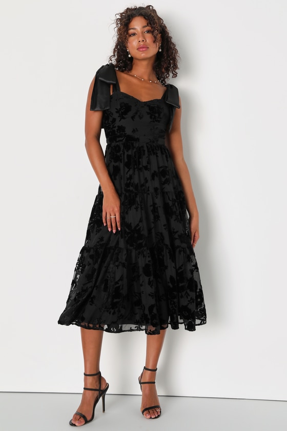 Lulus Sweet Essence Black Floral Burnout Velvet Tie-strap Midi Dress