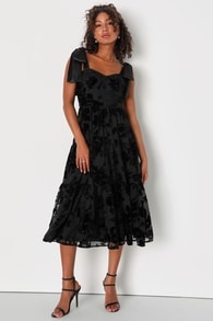 Sweet Essence Black Floral Burnout Velvet Tie-Strap Midi Dress