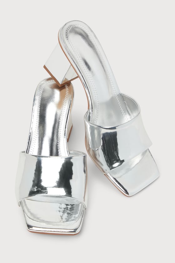 Lulus Shey Silver Patent High Heel Slide Sandal Heels