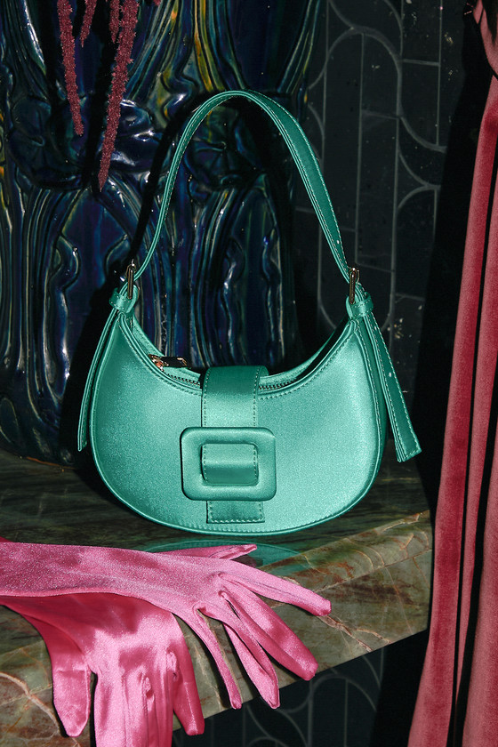 Lulus Major Sweetie Teal Green Satin Buckle Shoulder Bag