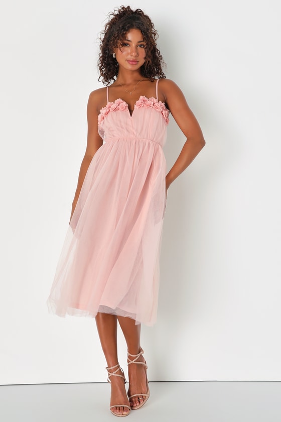 Blush Pink Midi Dress - Tulle Midi Dress - 3D Floral Midi