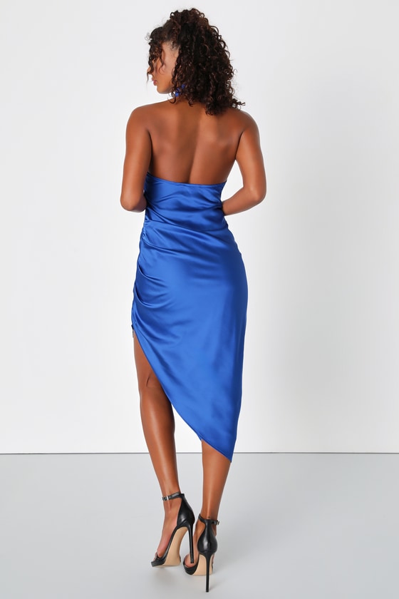Regal Sensation Royal Blue Satin Asymmetrical Halter Midi Dress 2