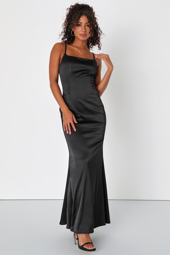 Lulus Fancy Essence Black Satin Backless Mermaid Maxi Dress