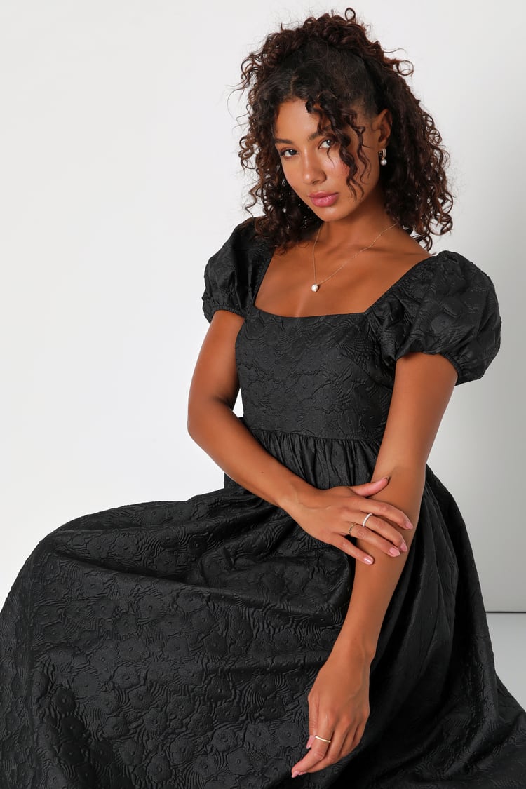 Cute Black Dress - Floral Jacquard Dress - Babydoll Midi Dress - Lulus Cute Black Dress - Floral Jacquard Dress - Babydoll Midi Dress - Lulus