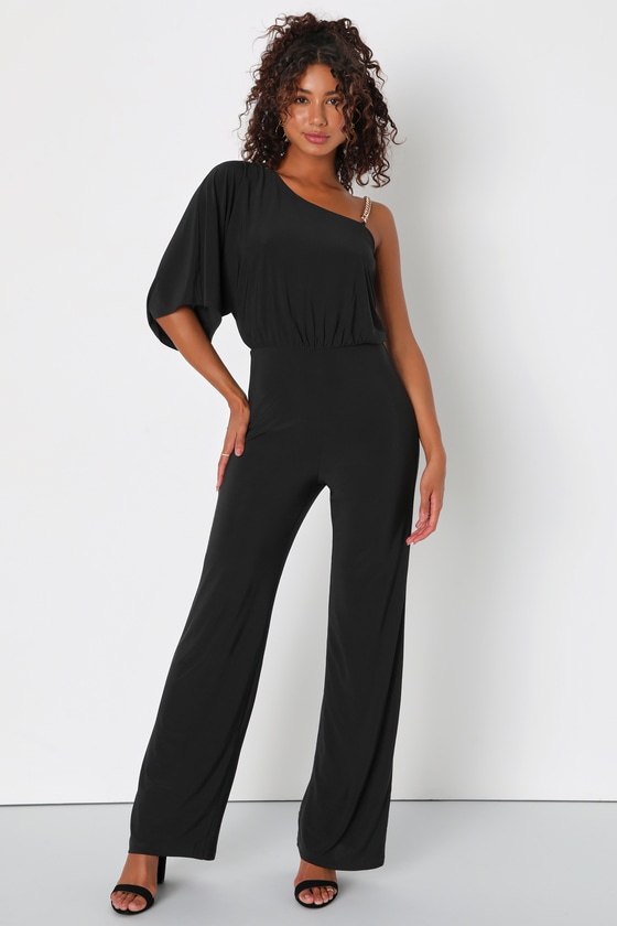OneShoulder Jumpsuit Chain Strap Jumpsuit Black Jumpsuit Lulus