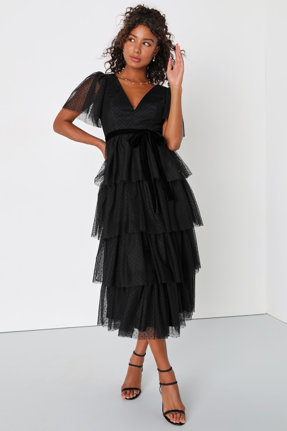 Black Swiss Dot Dress - Black Tiered Dress - Black Midi Dress - Lulus