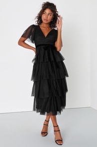 Darling Elegance Black Mesh Swiss Dot Flutter Sleeve Midi Dress