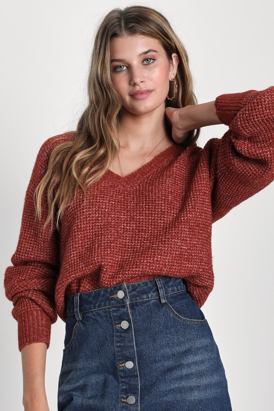Lulus Cozy Adoration Heather Rust Red V-neck Pullover Sweater