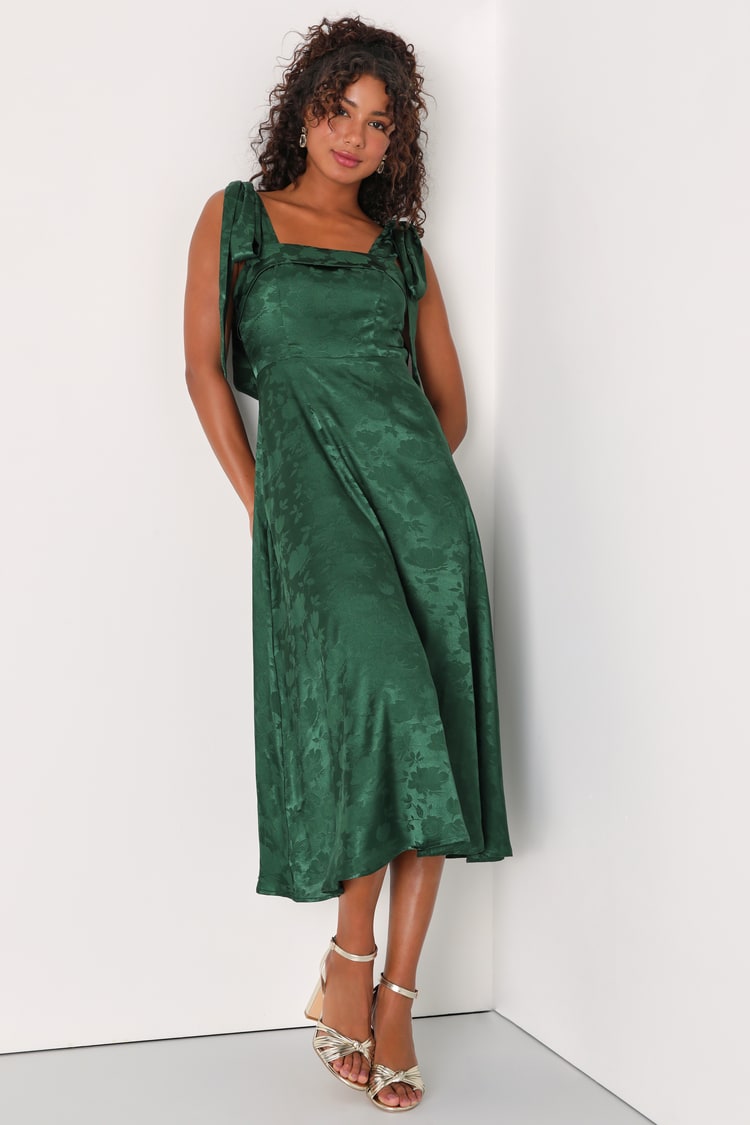 Emerald Green Dress - Satin Jacquard Dress - Tie-Strap Midi Dress - Lulus