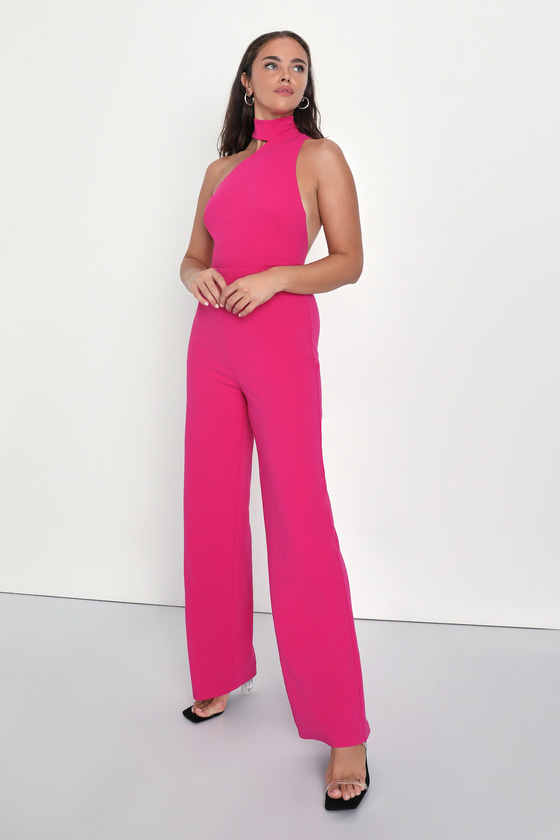 Hot Pink Jumpsuit Asymmetrical Jumpsuit Chic Halter Jumpsuit Lulus