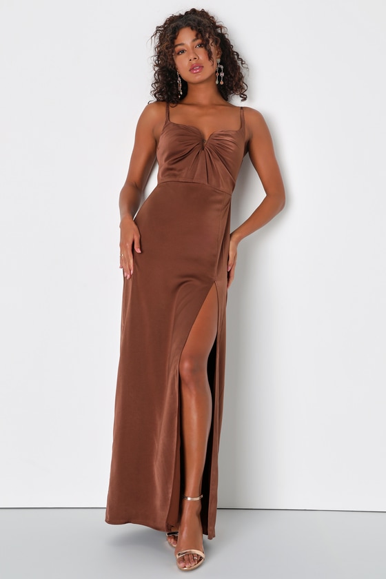 Lulus Lovely Drama Brown Satin Sleeveless A-line Maxi Dress