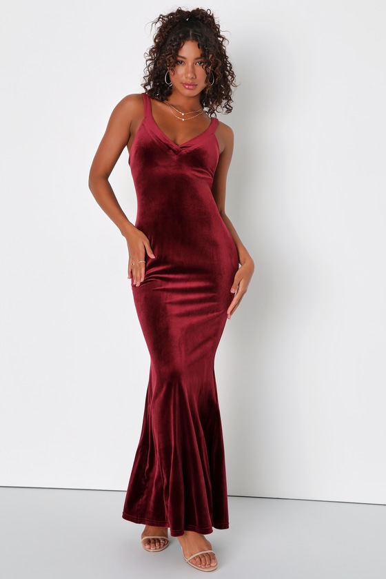Lulus Perfectly Classy Wine Red Velvet Strappy Maxi Dress