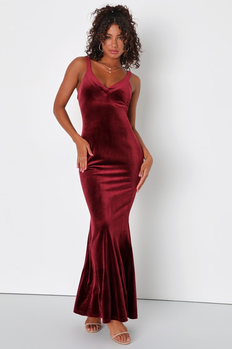 Perfectly Classy Wine Red Velvet Strappy Maxi Dress