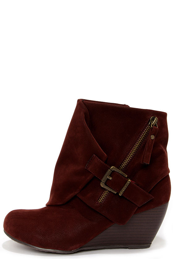 maroon wedge booties