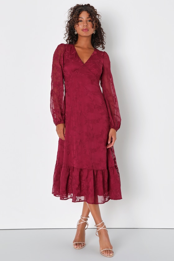Burgundy Chiffon Dress - Embroidered Midi Dress - Modest Dress - Lulus