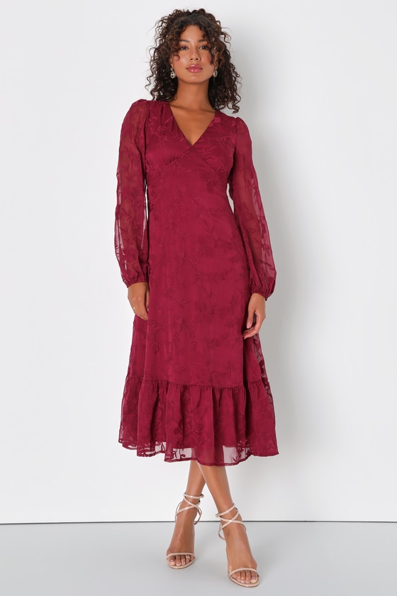 Maroon Chinon Embroidered Midi Dress