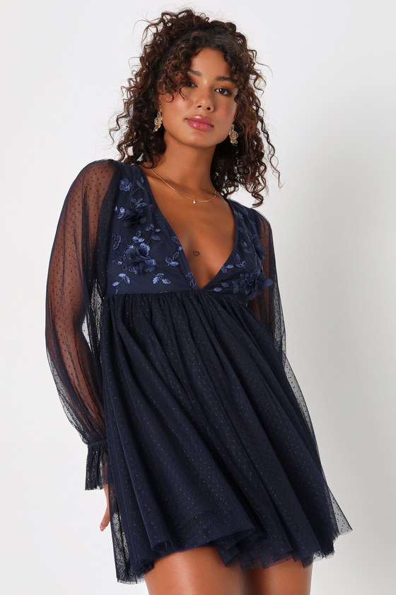 Navy Mesh Babydoll Dress Swiss Dot Dress Babydoll Mini Dress Lulus