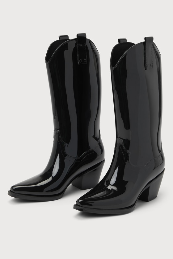 Annie Black Shiny Pointed-Toe Western Rain Boots 3
