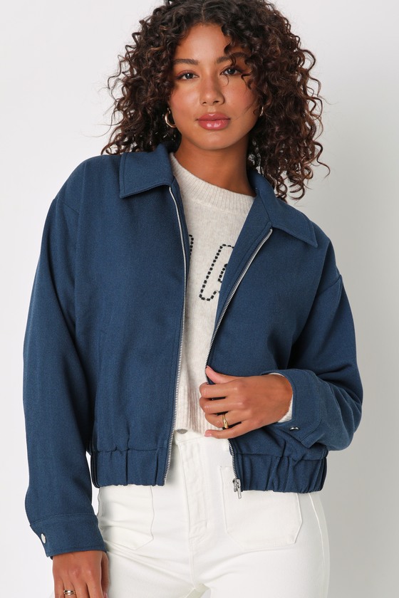 Lulus Coolest Option Dark Blue Twill Collared Bomber Jacket