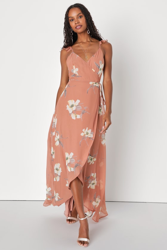 All Mine Rusty Rose Floral Print High-Low Wrap Dress 11